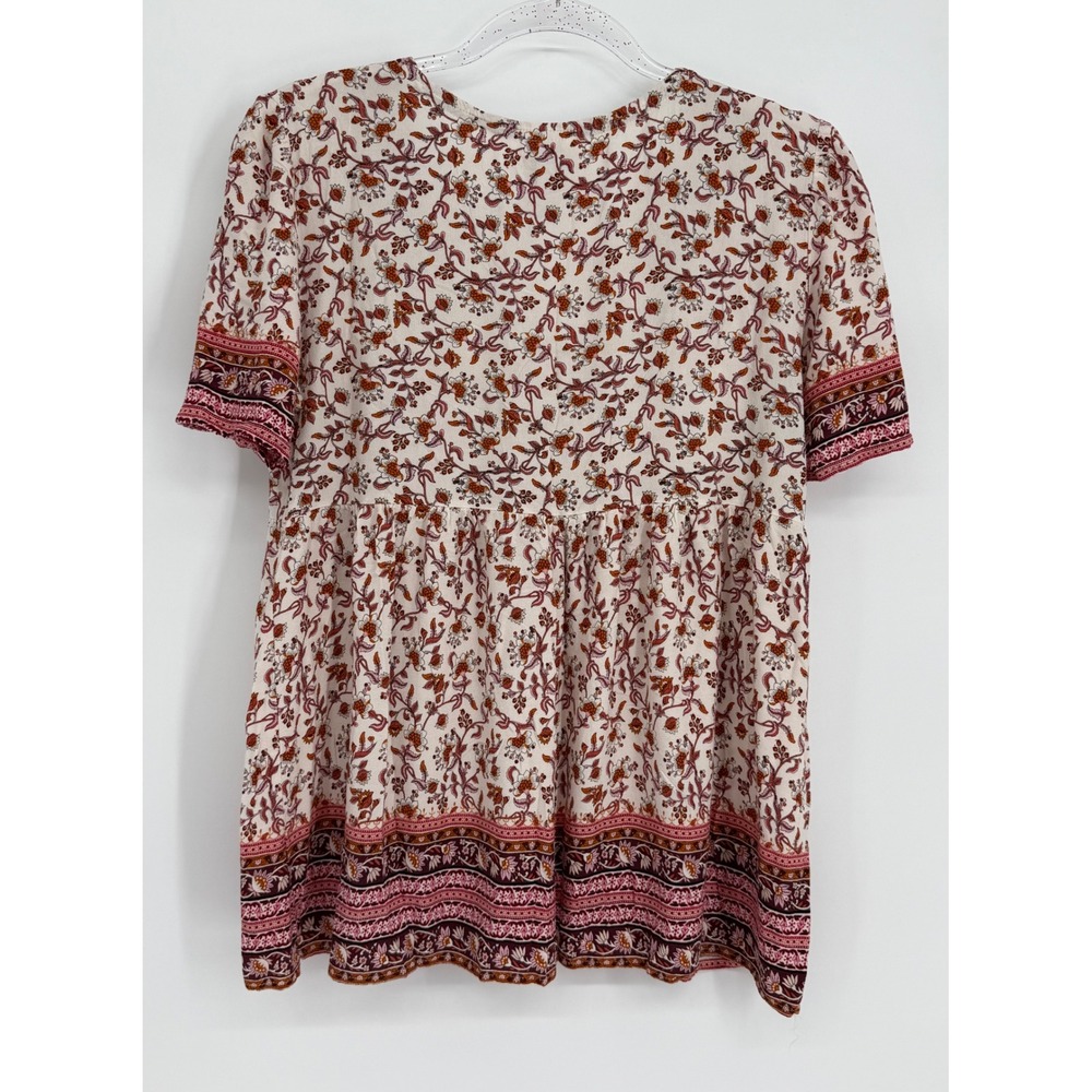Knox Rose Womens Floral Babydoll Top Burgundy Pink V-Neck Short Sleeve Medium - Picture 4 of 9